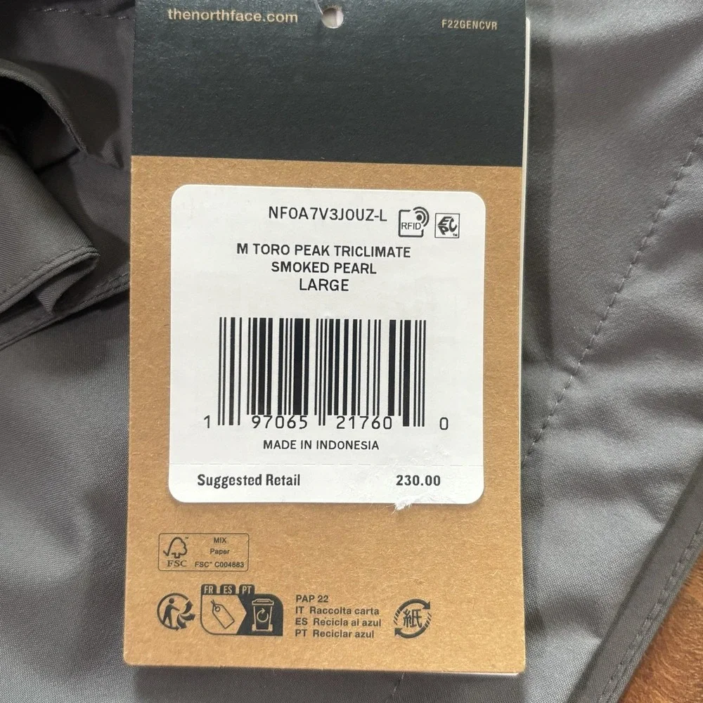 NWT The North Face Jacket Mens Large Gray Toro Peak Triclimate DryVent 3-in-1